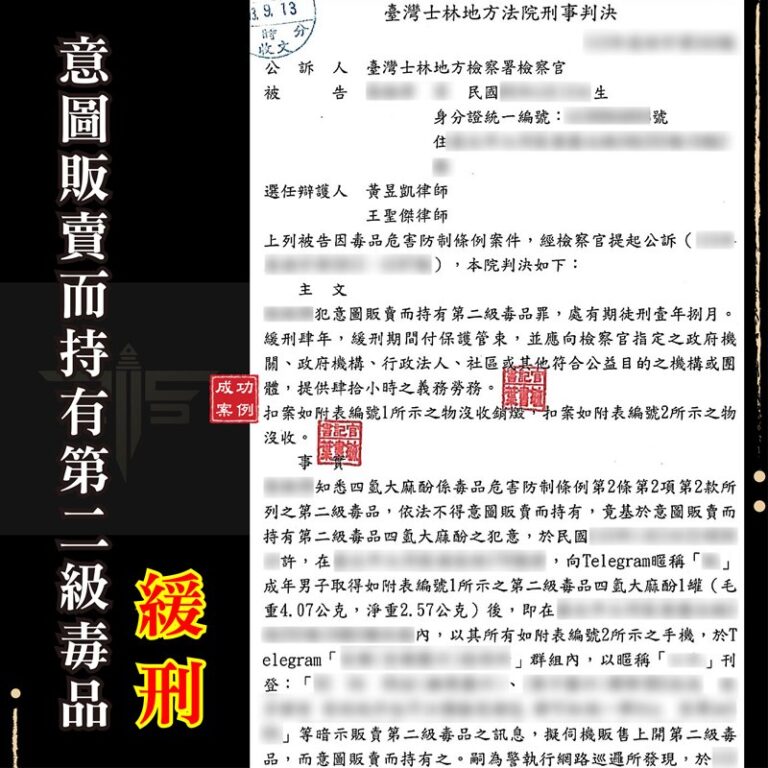 毒品案律師｜【意圖販賣持有毒品緩刑】被指控意圖販賣而持有第二級毒品大麻成功辯護爭取緩刑｜謙聖刑事律師