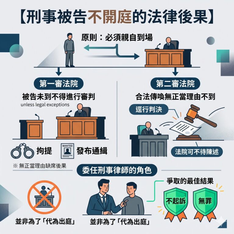 刑事被告開庭必讀:不到場會被通緝嗎?解析程序風險與防禦策略