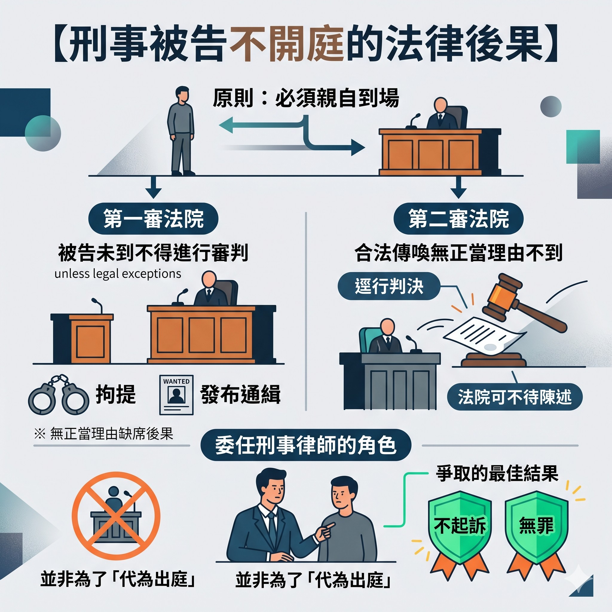 刑事被告開庭必讀:不到場會被通緝嗎?解析程序風險與防禦策略