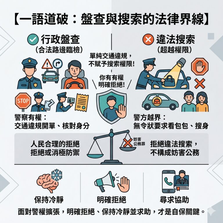 警察臨檢要你下車搜包包,能拒絕嗎?破解盤查與違法搜索界線,拒絕不等於妨害公務!