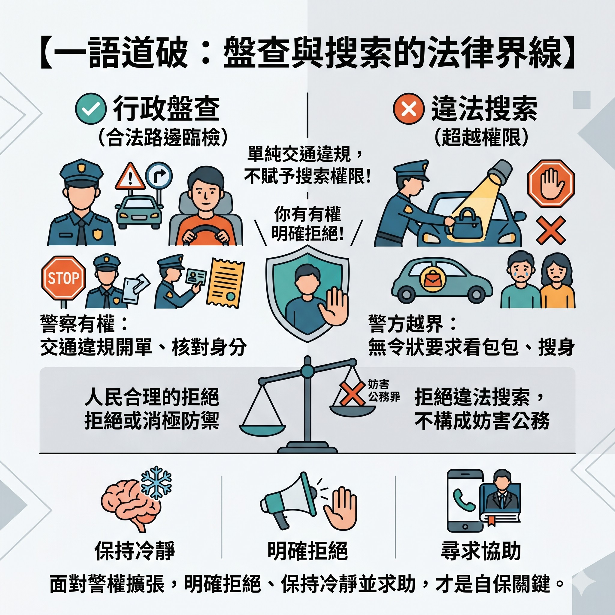 警察臨檢要你下車搜包包,能拒絕嗎?破解盤查與違法搜索界線,拒絕不等於妨害公務!