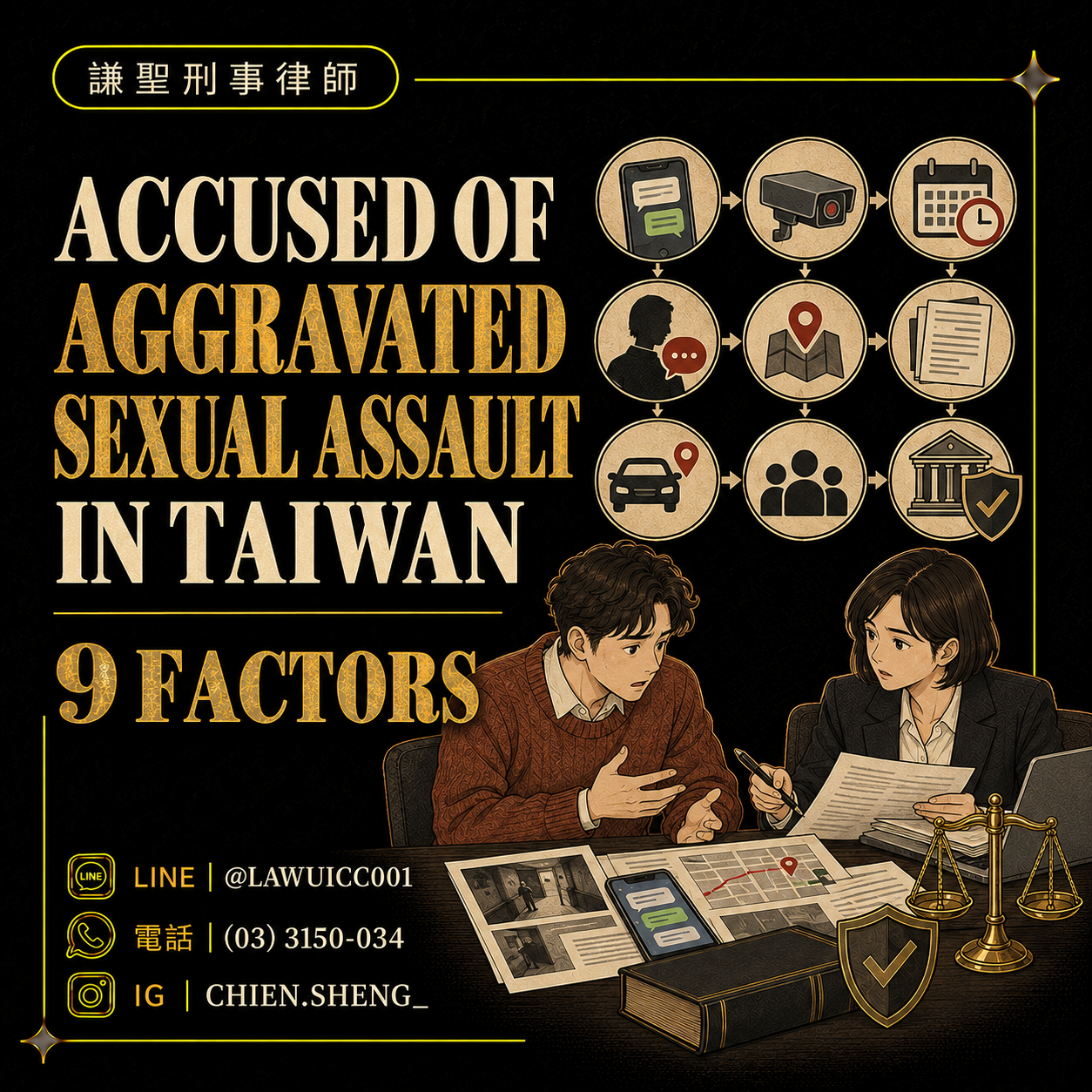 Lawyer advising a client accused of aggravated sexual assault in Taiwan