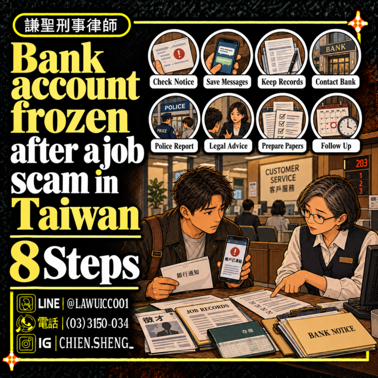 Bank account frozen after a job scam in Taiwan: warning accounts, evidence and legal assistance