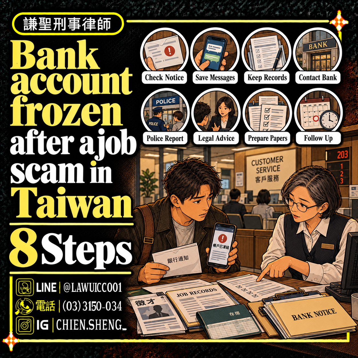 Bank account frozen after a job scam in Taiwan: warning accounts, evidence and legal assistance