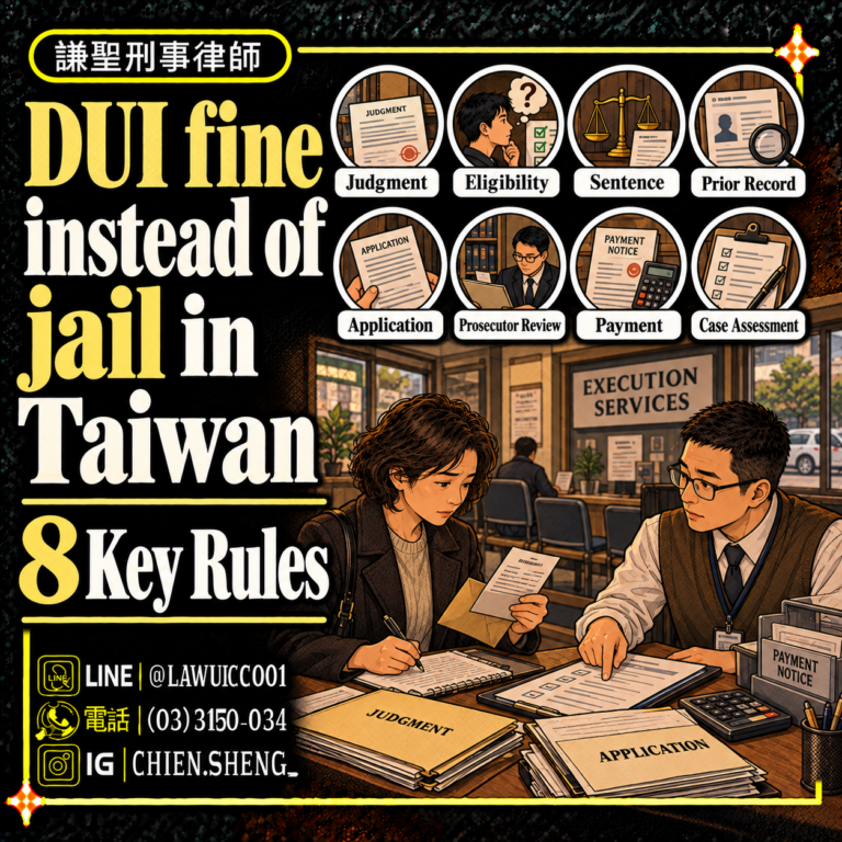 A short DUI sentence does not automatically guarantee monetary conversion. Learn how Taiwan’s eligibility rules, repeat-offense guidance and enforcement objections affect the possibility of avoiding custodial execution.