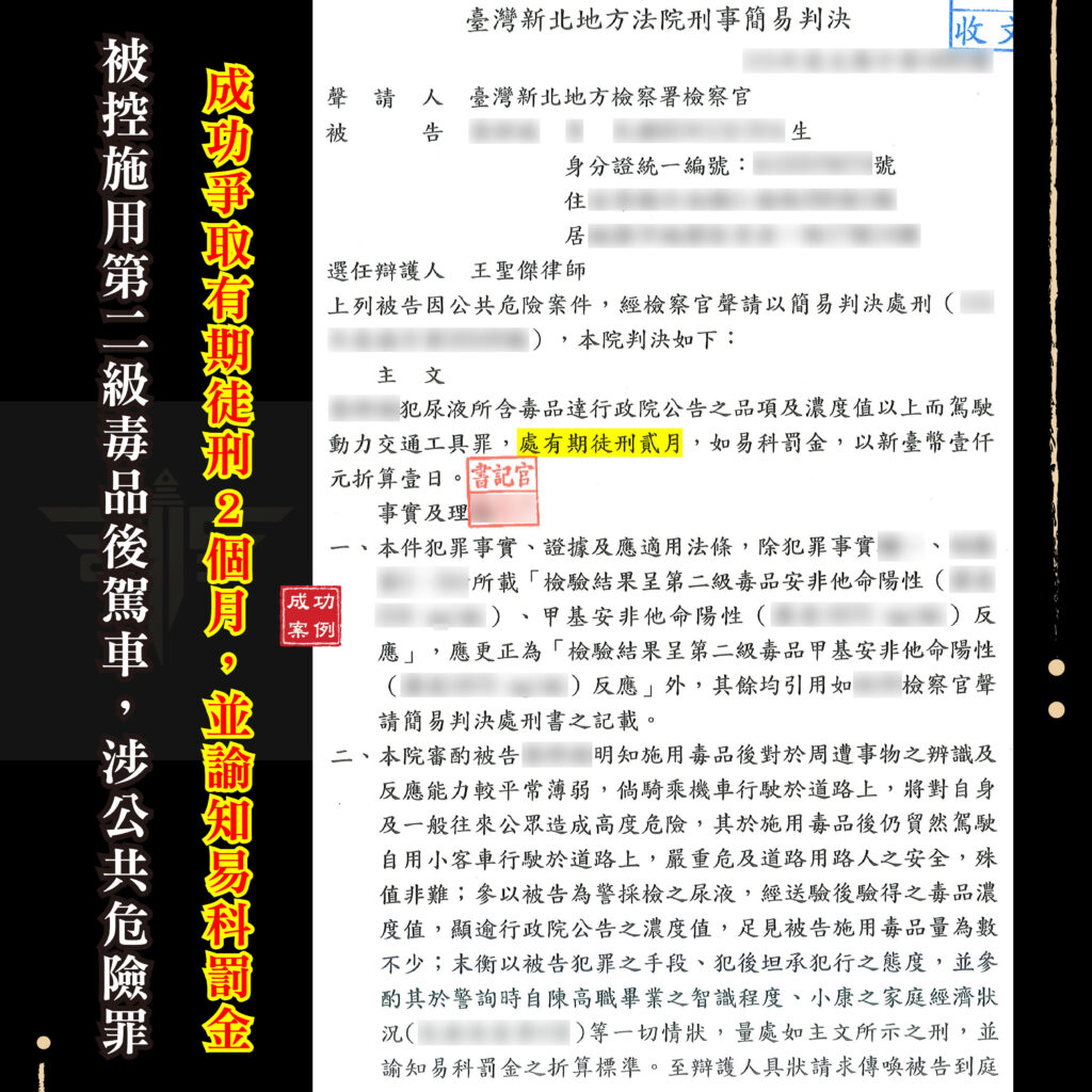 毒駕易科罰金成功案例，謙聖律師爭取判刑2個月與每日1,000元折算