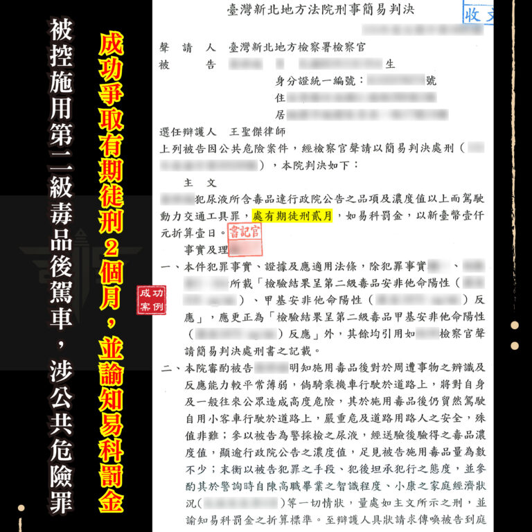 毒駕易科罰金成功案例,謙聖律師爭取判刑2個月與每日1,000元折算