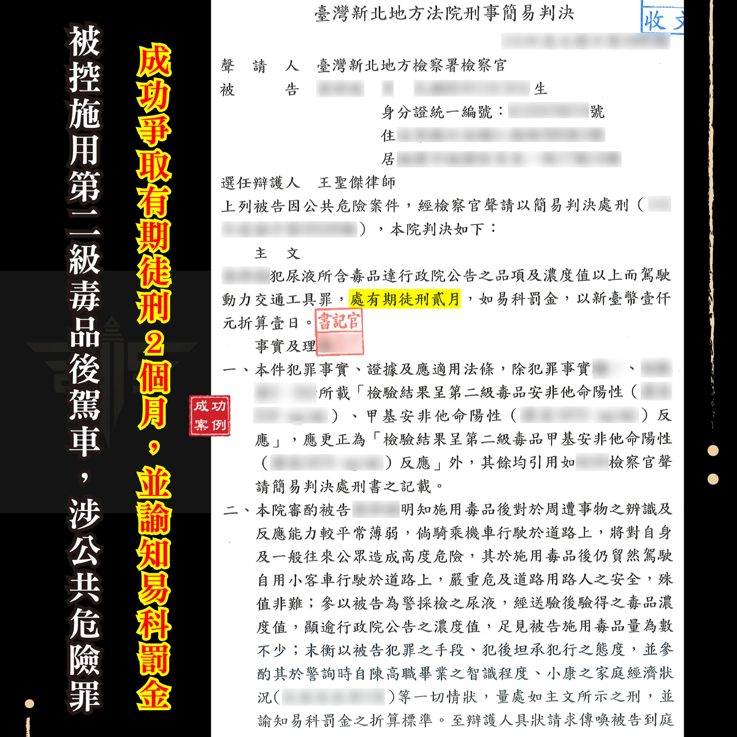 毒駕易科罰金成功案例,謙聖律師爭取判刑2個月與每日1,000元折算